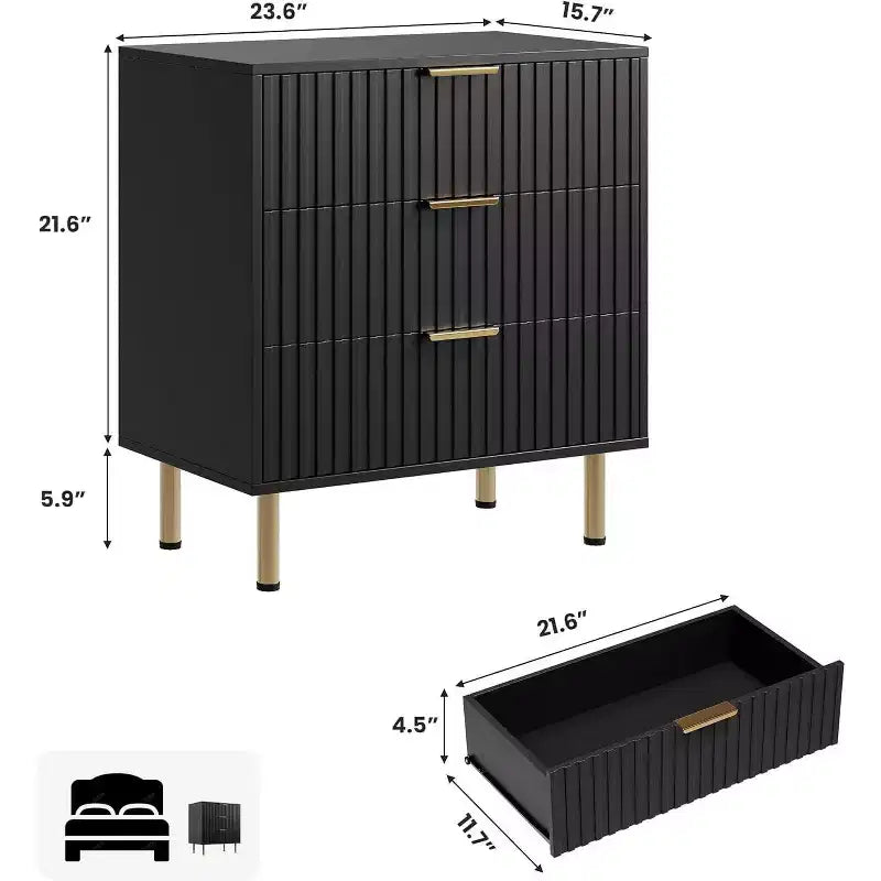 Cómoda de 3 cajones Coolmee para dormitorio, mesita de noche moderna estriada con cajones profundos, cómoda con parte superior ancha, organizador de cómoda de madera, mesa auxiliar