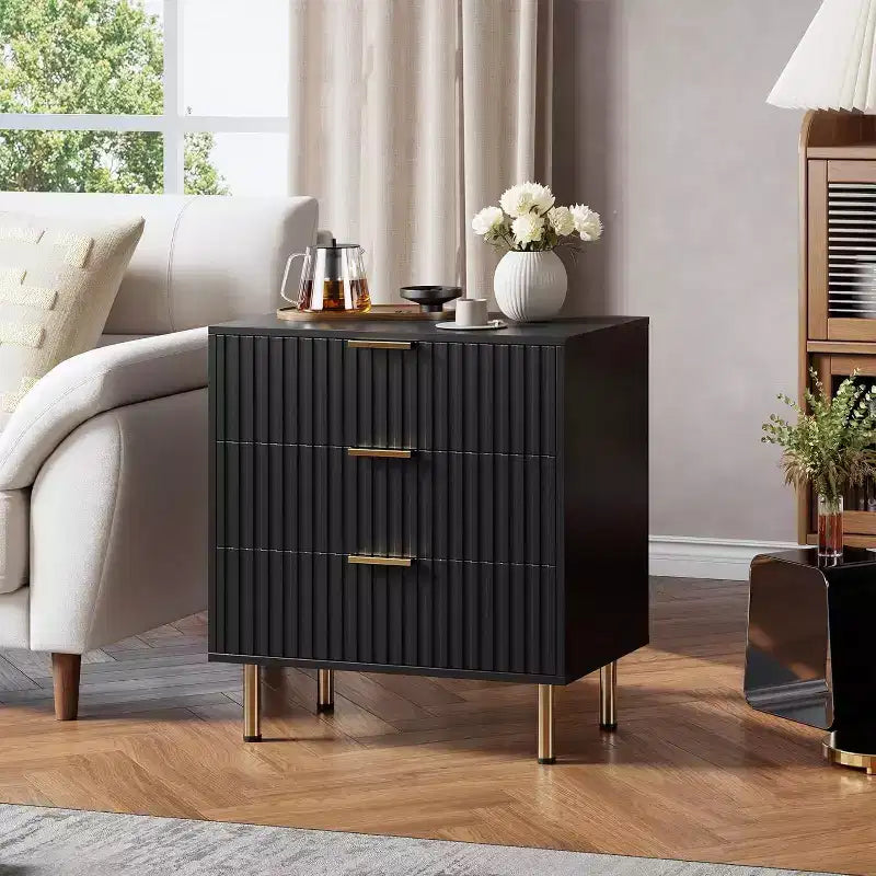 Coolmee 3 Drawer Dresser for Bedroom, Fluted Modern Nightstand with Deep Drawers, Chest of Drawers with Wide Top, Wooden Dresser Organizer, Side Table