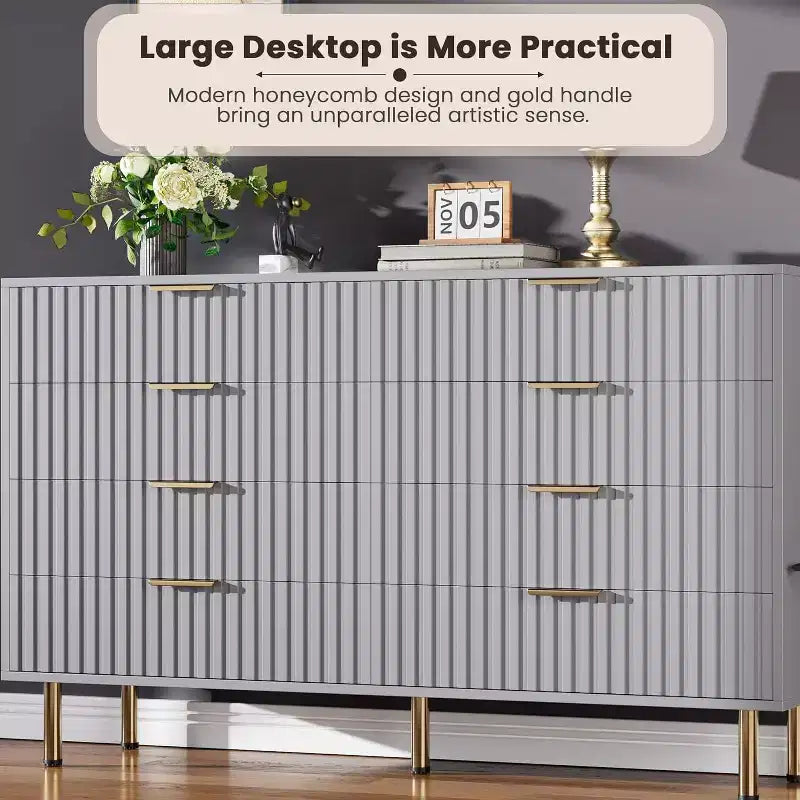 Coolmee cómoda de 8 cajones para dormitorio, cómoda moderna acanalada con cajones profundos, cómoda organizadora de madera para sala de estar, pasillo, habitación de niños
