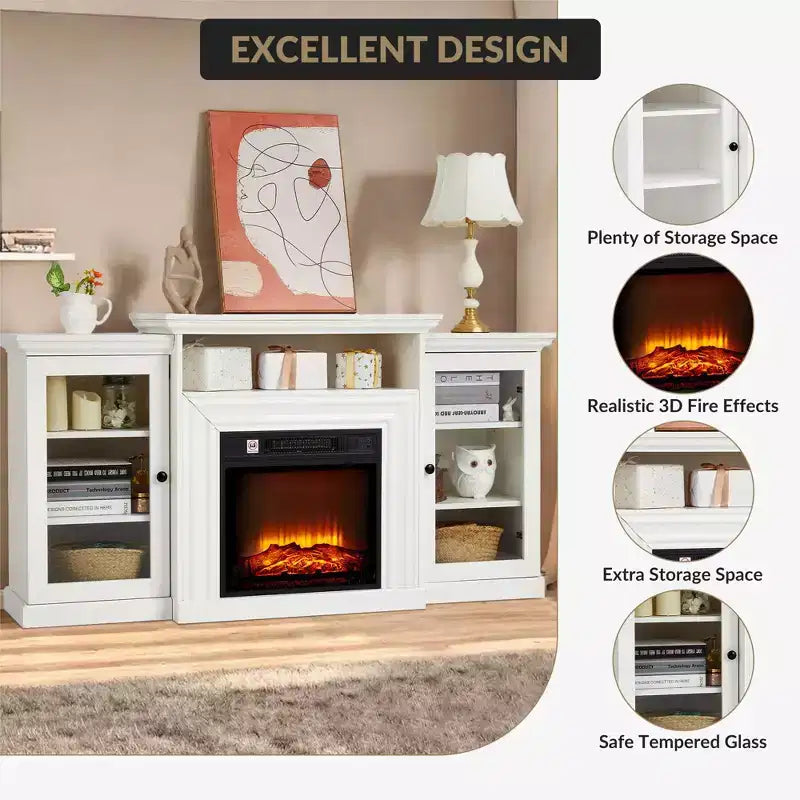 Mueble de TV de 60 pulgadas, mueble de TV estilo rústico con 2 puertas de vidrio, mesa de consola para sala de estar, blanco