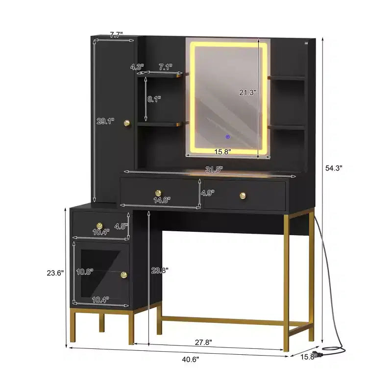 GustoWave Tocador de Maquillaje con Espejo Iluminado 3 Colores de Luces Estación de Carga Armario Visible Negro Mesa de Maquillaje Dormitorio
