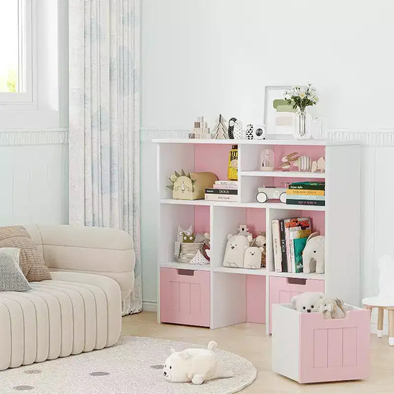 Organizador de almacenamiento de juguetes Estantería para niños con 3 cajones móviles, Estantería para niños pequeños para dormitorio, sala de juegos, guardería (rosa y blanco), fácil montaje