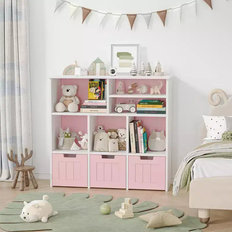 Organizador de almacenamiento de juguetes Estantería para niños con 3 cajones móviles, Estantería para niños pequeños para dormitorio, sala de juegos, guardería (rosa y blanco), fácil montaje