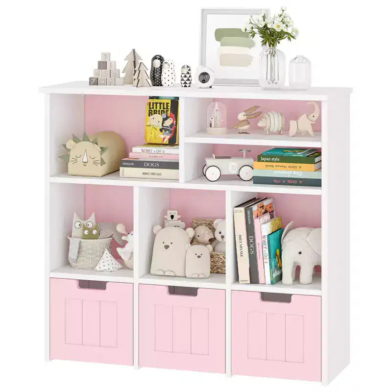 Organizador de almacenamiento de juguetes Estantería para niños con 3 cajones móviles, Estantería para niños pequeños para dormitorio, sala de juegos, guardería (rosa y blanco), fácil montaje