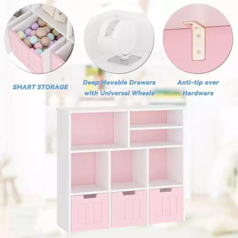Organizador de almacenamiento de juguetes Estantería para niños con 3 cajones móviles, Estantería para niños pequeños para dormitorio, sala de juegos, guardería (rosa y blanco), fácil montaje