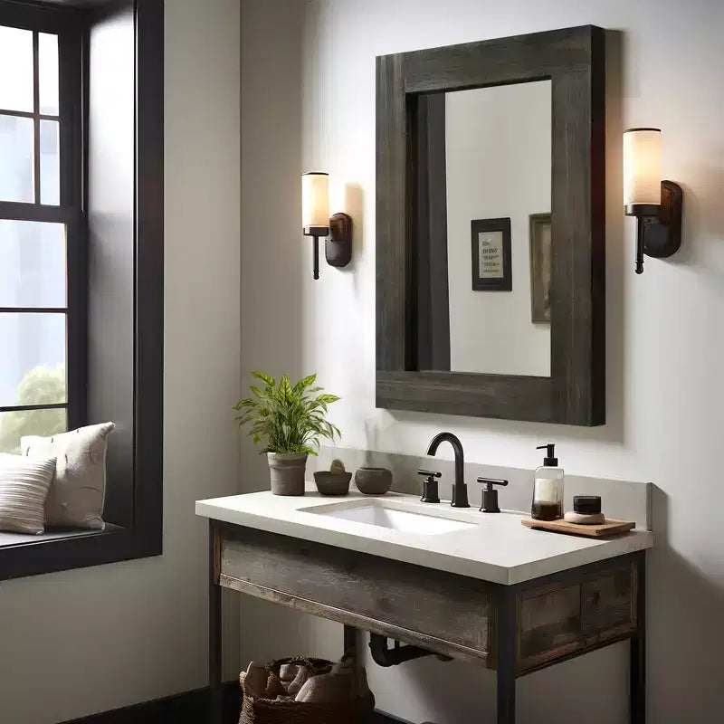 Pexfix Espejo de baño rústico con marco de madera maciza para dormitorio, sala de estar, entrada, decoración de pared