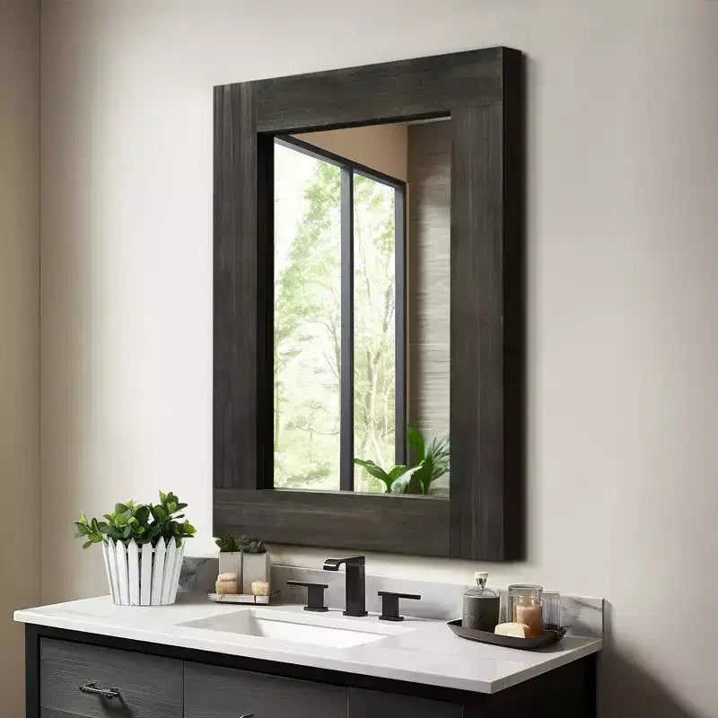 Pexfix Espejo de baño rústico con marco de madera maciza para dormitorio, sala de estar, entrada, decoración de pared