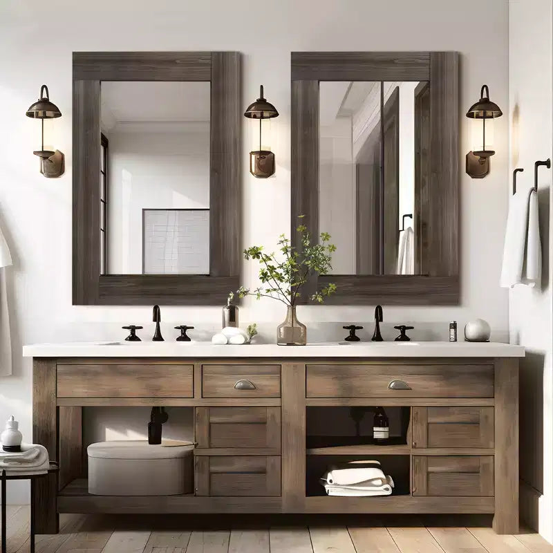 Pexfix Espejo de baño rústico con marco de madera maciza para dormitorio, sala de estar, entrada, decoración de pared