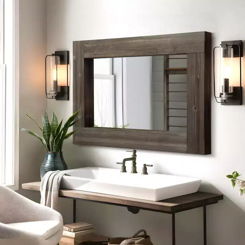 Pexfix Espejo de baño rústico con marco de madera maciza para dormitorio, sala de estar, entrada, decoración de pared