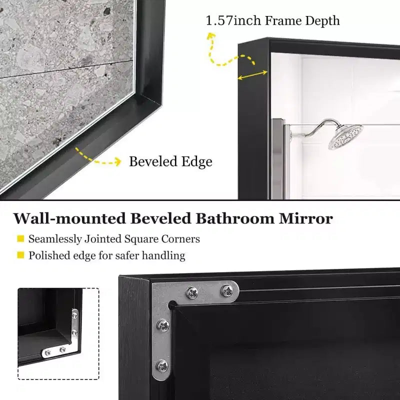 Acekool Espejo de baño de marco negro de 40 x 30 pulgadas, espejo de pared rectangular de vidrio flotante con marco de aluminio cepillado, montaje vertical u horizontal