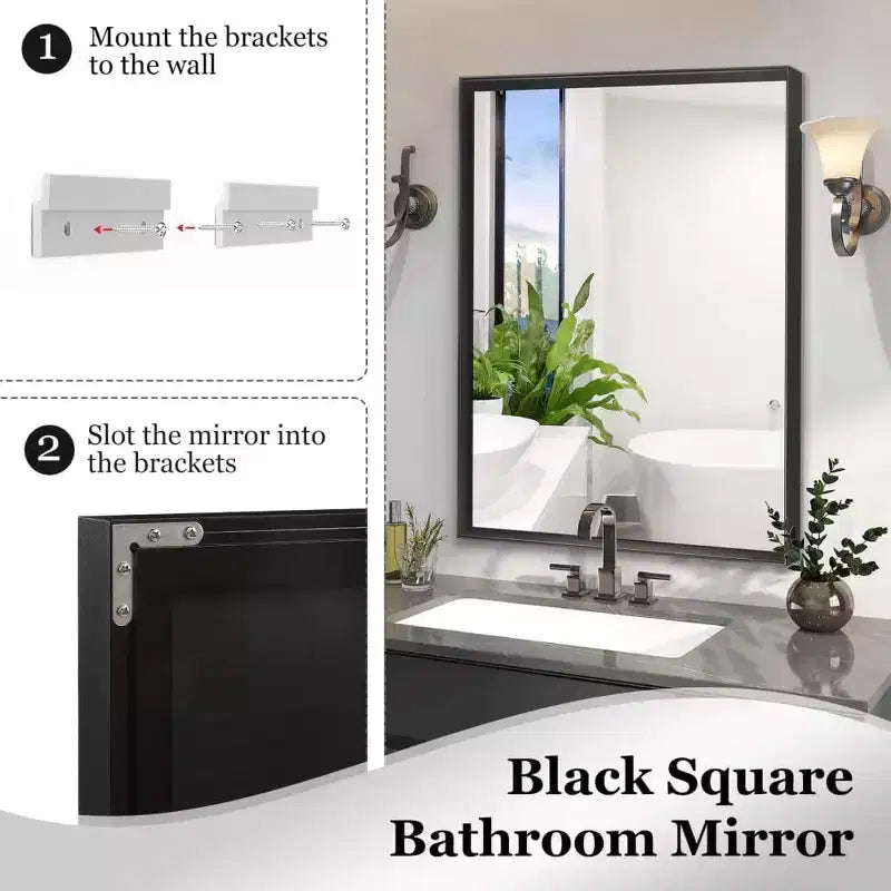 Acekool Espejo de baño de marco negro de 40 x 30 pulgadas, espejo de pared rectangular de vidrio flotante con marco de aluminio cepillado, montaje vertical u horizontal