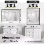 Acekool Espejo de baño de marco negro de 40 x 30 pulgadas, espejo de pared rectangular de vidrio flotante con marco de aluminio cepillado, montaje vertical u horizontal