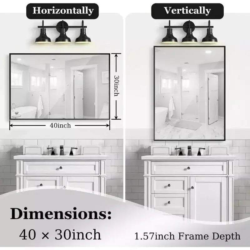 Acekool Espejo de baño de marco negro de 40 x 30 pulgadas, espejo de pared rectangular de vidrio flotante con marco de aluminio cepillado, montaje vertical u horizontal