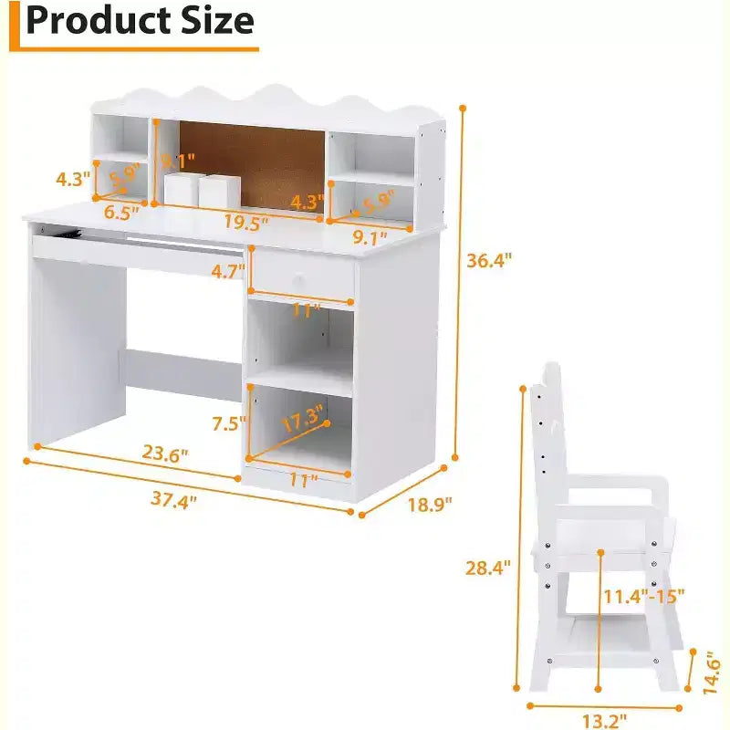 Juego de escritorio de estudio Acekool para niños con tablón de anuncios, cajón para teclado y almacenamiento - Mesa y silla de aprendizaje para edades de 3 a 8 años