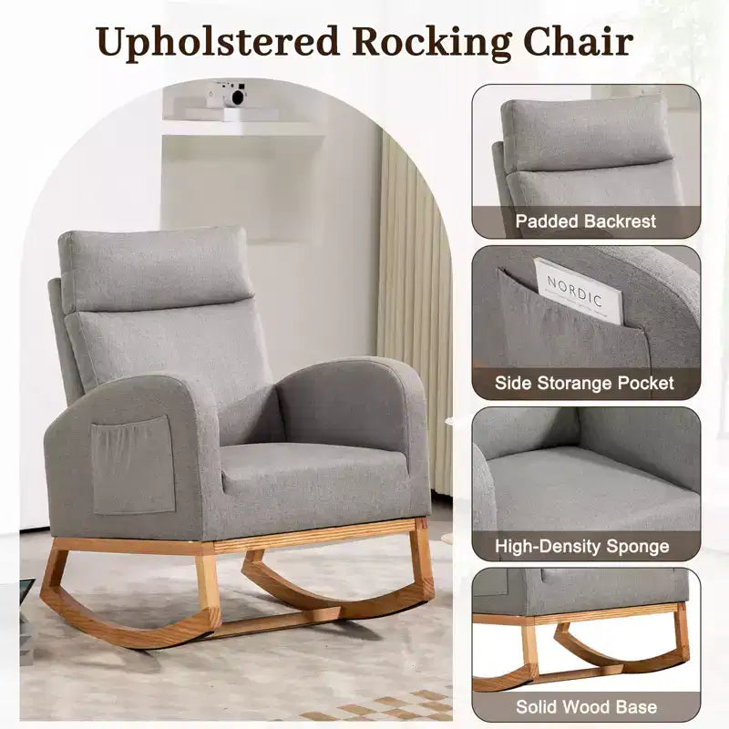 Mecedora de guardería, sillón deslizante tapizado con bolsillo lateral, sillón decorativo cómodo de respaldo alto con patas de madera de caucho para dormitorio o sala de estar