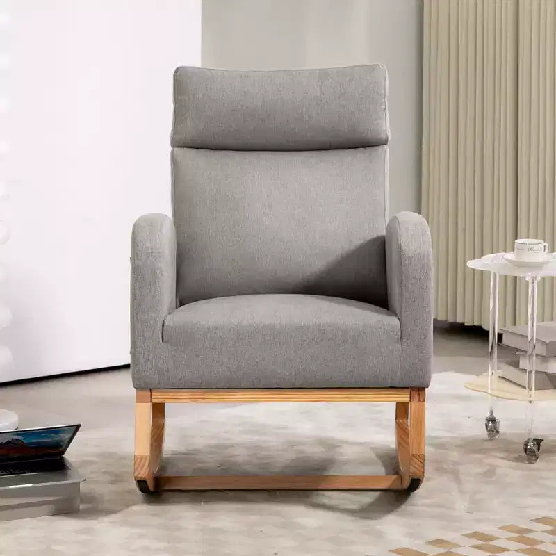 Mecedora de guardería, sillón deslizante tapizado con bolsillo lateral, sillón decorativo cómodo de respaldo alto con patas de madera de caucho para dormitorio o sala de estar