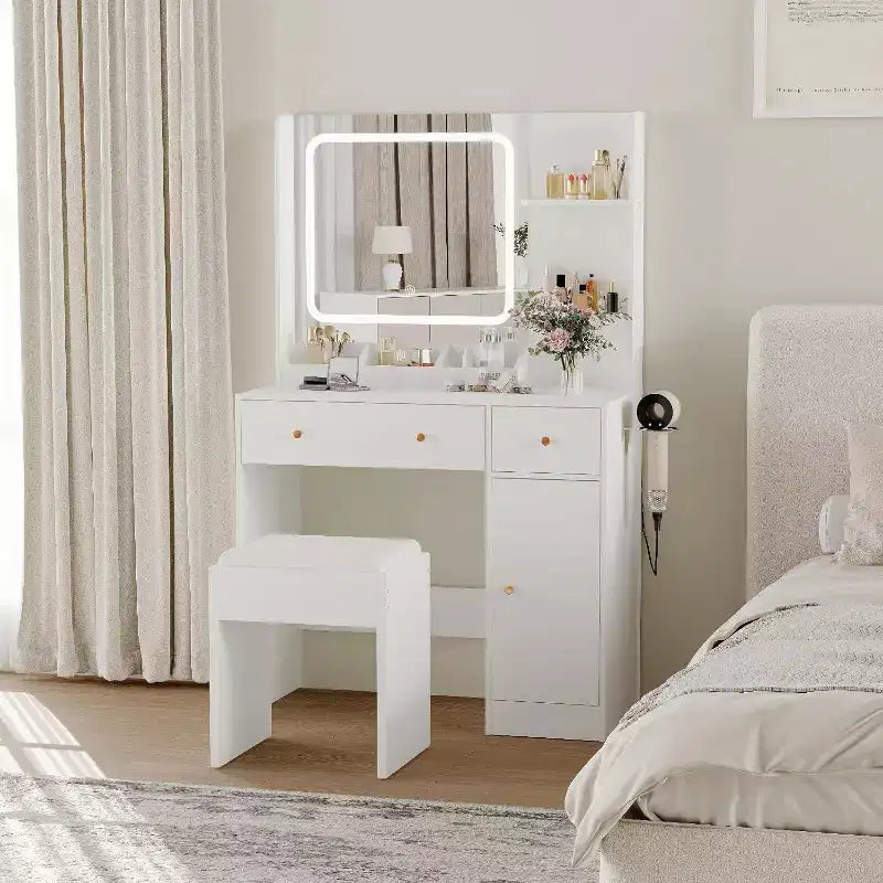 Tocador de maquillaje con cajones, estantes, mueble y silla, 3 modos de iluminación y brillo ajustable, mesa de tocador para dormitorio