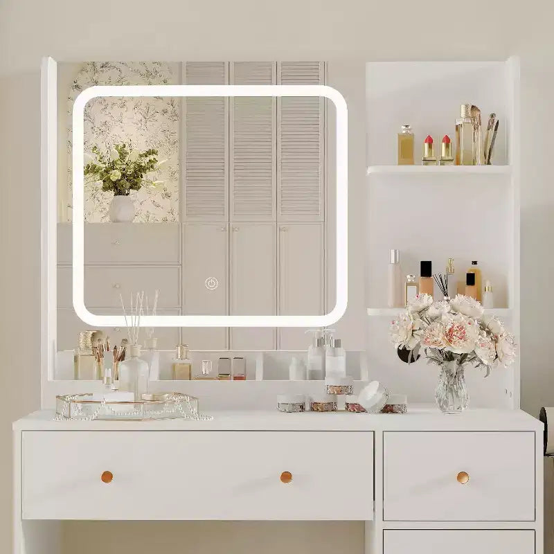 Tocador de maquillaje con cajones, estantes, mueble y silla, 3 modos de iluminación y brillo ajustable, mesa de tocador para dormitorio