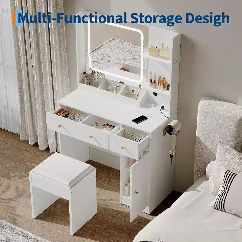 Tocador de maquillaje con cajones, estantes, mueble y silla, 3 modos de iluminación y brillo ajustable, mesa de tocador para dormitorio