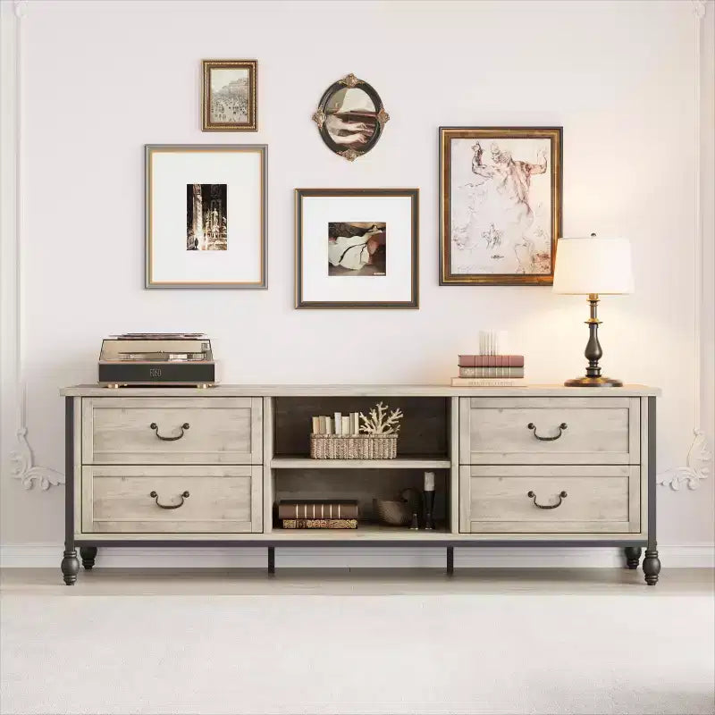 Mueble de TV moderno de mediados de siglo de 70 pulgadas con almacenamiento, centro de entretenimiento con columnas romanas de metal y cajón, mesa consola de TV para sala de estar