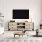 Mueble de TV moderno de mediados de siglo de 70 pulgadas con almacenamiento, centro de entretenimiento con columnas romanas de metal y cajón, mesa consola de TV para sala de estar