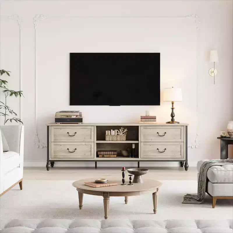 Mueble de TV moderno de mediados de siglo de 70 pulgadas con almacenamiento, centro de entretenimiento con columnas romanas de metal y cajón, mesa consola de TV para sala de estar