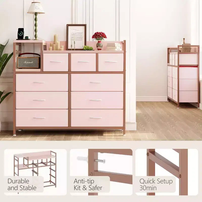 Cómoda de dormitorio de 9 cajones y soporte para TV | Multifuncional con estación de carga incorporada, cómoda alta para organización de armarios, apartamentos