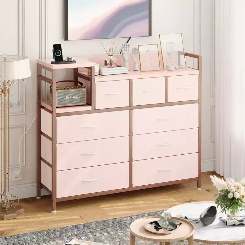 Cómoda de dormitorio de 9 cajones y soporte para TV | Multifuncional con estación de carga incorporada, cómoda alta para organización de armarios, apartamentos