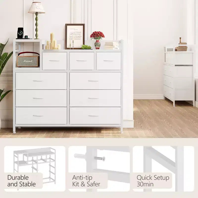 Cómoda de dormitorio de 9 cajones y soporte para TV | Multifuncional con estación de carga incorporada, cómoda alta para organización de armarios, apartamentos