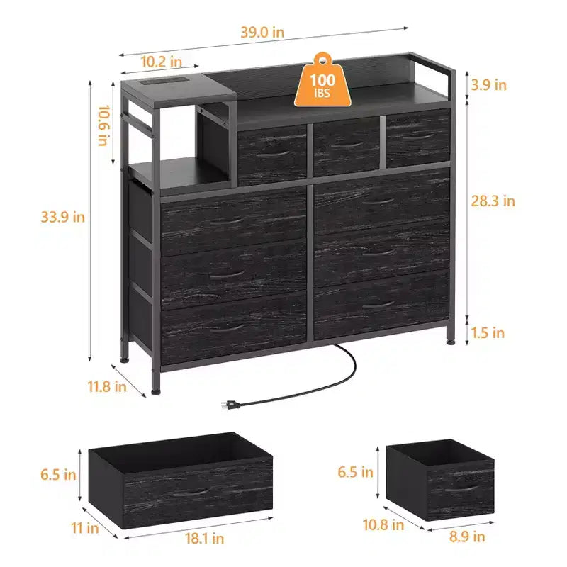 Cómoda de dormitorio de 9 cajones y soporte para TV | Multifuncional con estación de carga incorporada, cómoda alta para organización de armarios, apartamentos