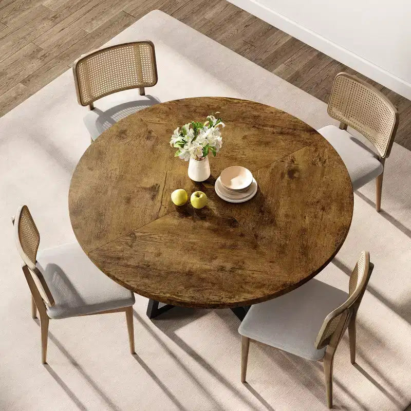 Mesa de comedor redonda industrial COZONY 47 para 4 personas, tablero de madera rústico marrón con base de metal, mesa de cocina y comedor moderna, sin sillas