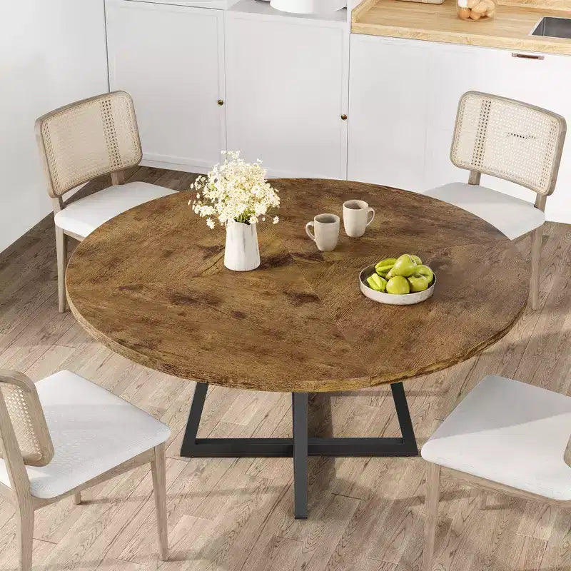 Mesa de comedor redonda industrial COZONY 47 para 4 personas, tablero de madera rústico marrón con base de metal, mesa de cocina y comedor moderna, sin sillas