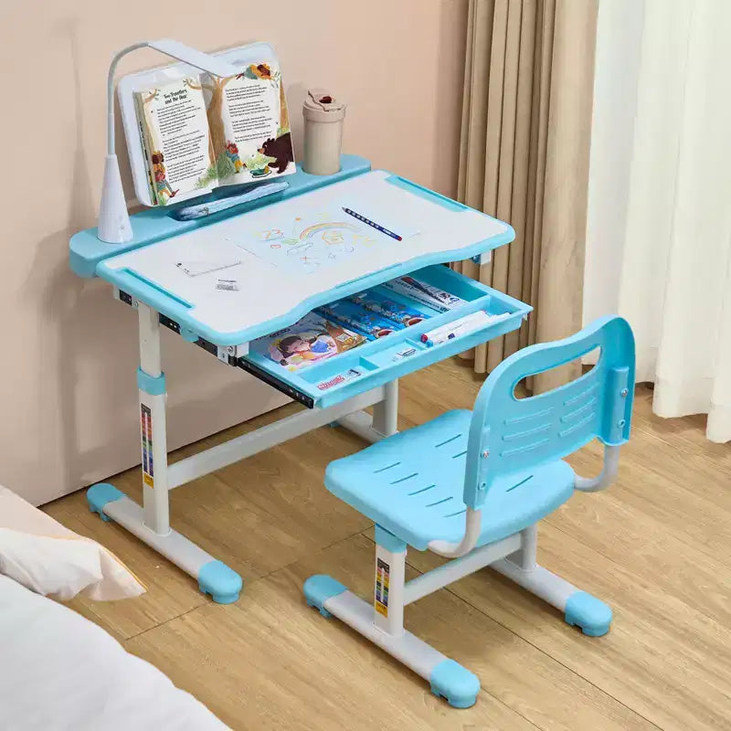 VEVOR Set de Escritorio y Silla de Estudio para Niños, Escritorio y Silla de Estudio con Lámpara de Mesa, Altura Ajustable y Escritorio Inclinable 0-40, Azul