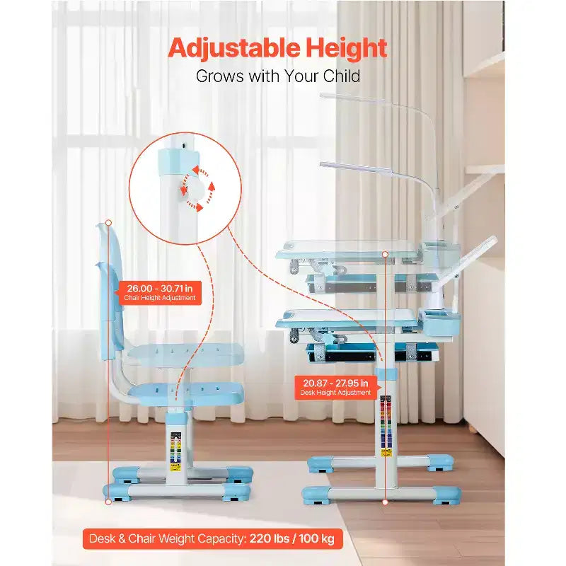VEVOR Set de Escritorio y Silla de Estudio para Niños, Escritorio y Silla de Estudio con Lámpara de Mesa, Altura Ajustable y Escritorio Inclinable 0-40, Azul