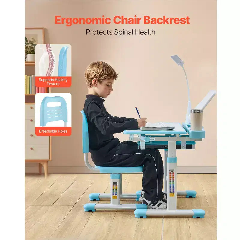 VEVOR Set de Escritorio y Silla de Estudio para Niños, Escritorio y Silla de Estudio con Lámpara de Mesa, Altura Ajustable y Escritorio Inclinable 0-40, Azul