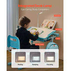VEVOR Set de Escritorio y Silla de Estudio para Niños, Escritorio y Silla de Estudio con Lámpara de Mesa, Altura Ajustable y Escritorio Inclinable 0-40, Azul