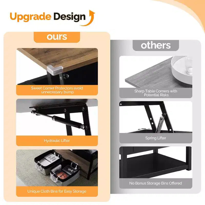 Mesa de centro con tablero rectangular P2 de color marrón, marco metálico ajustable en forma de X, y panel lateral de madera negra.
