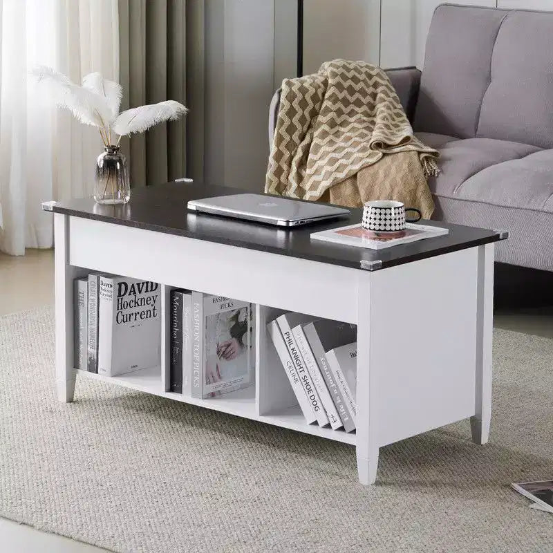 Mesa de centro con patas ajustables de madera maciza, marco blanco de doble capa, tablero marrón claro con acabado de veta de madera, tablero rectangular P2