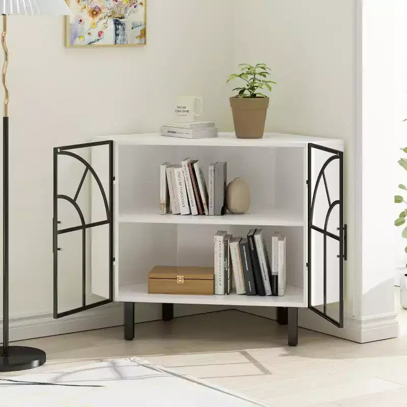 Mueble esquinero blanco TROPOW, vitrina de cristal, estantería esquinera, mueble de bar para salón, dormitorio, oficina, pasillo, estudio, blanco