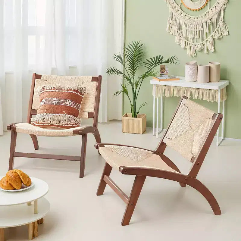 MAYEERTY Sillón Moderno Boho - Madera de Haya Escandinava, Asiento y Respaldo Trenzado de Yute (Ámbar Claro-Beige)