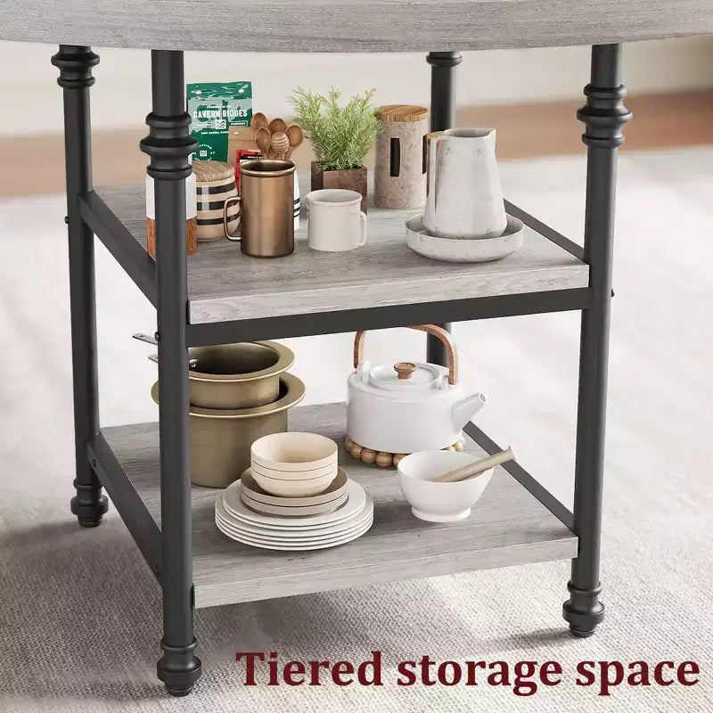 Mesa de Comedor Redonda de 47 Pulgadas para 6 Personas, Mesa de Cocina de Madera con Estantes de Almacenamiento y Patas de Metal Estilo Romano para Comedor, Cocina, Sala de Estar (Solo la Mesa)