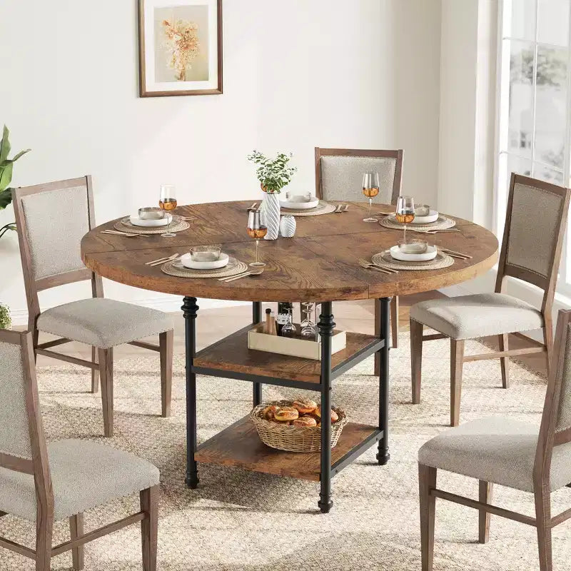 Mesa de Comedor Redonda de 47 Pulgadas para 6 Personas, Mesa de Cocina de Madera con Estantes de Almacenamiento y Patas de Metal Estilo Romano para Comedor, Cocina, Sala de Estar (Solo la Mesa)