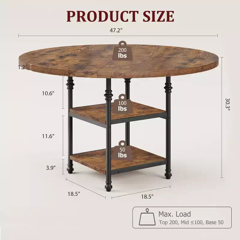 Mesa de Comedor Redonda de 47 Pulgadas para 6 Personas, Mesa de Cocina de Madera con Estantes de Almacenamiento y Patas de Metal Estilo Romano para Comedor, Cocina, Sala de Estar (Solo la Mesa)