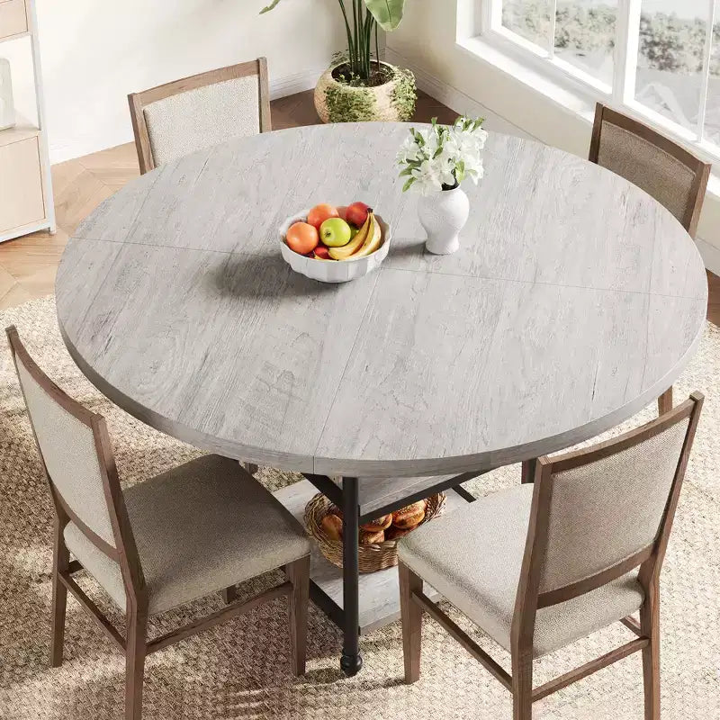 Mesa de Comedor Redonda de 47 Pulgadas para 6 Personas, Mesa de Cocina de Madera con Estantes de Almacenamiento y Patas de Metal Estilo Romano para Comedor, Cocina, Sala de Estar (Solo la Mesa)