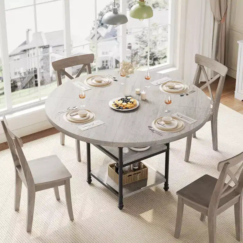 Mesa de Comedor Redonda de 47 Pulgadas para 6 Personas, Mesa de Cocina de Madera con Estantes de Almacenamiento y Patas de Metal Estilo Romano para Comedor, Cocina, Sala de Estar (Solo la Mesa)