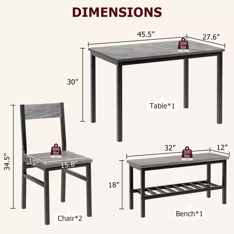 Juego de mesa de comedor para 4 personas, mesa de cocina moderna con sillas y banco para espacios pequeños, juego de mesa de comedor con estructura de metal y estante de almacenamiento, para apartamento