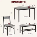Juego de mesa de comedor para 4 personas, mesa de cocina moderna con sillas y banco para espacios pequeños, juego de mesa de comedor con estructura de metal y estante de almacenamiento, para apartamento