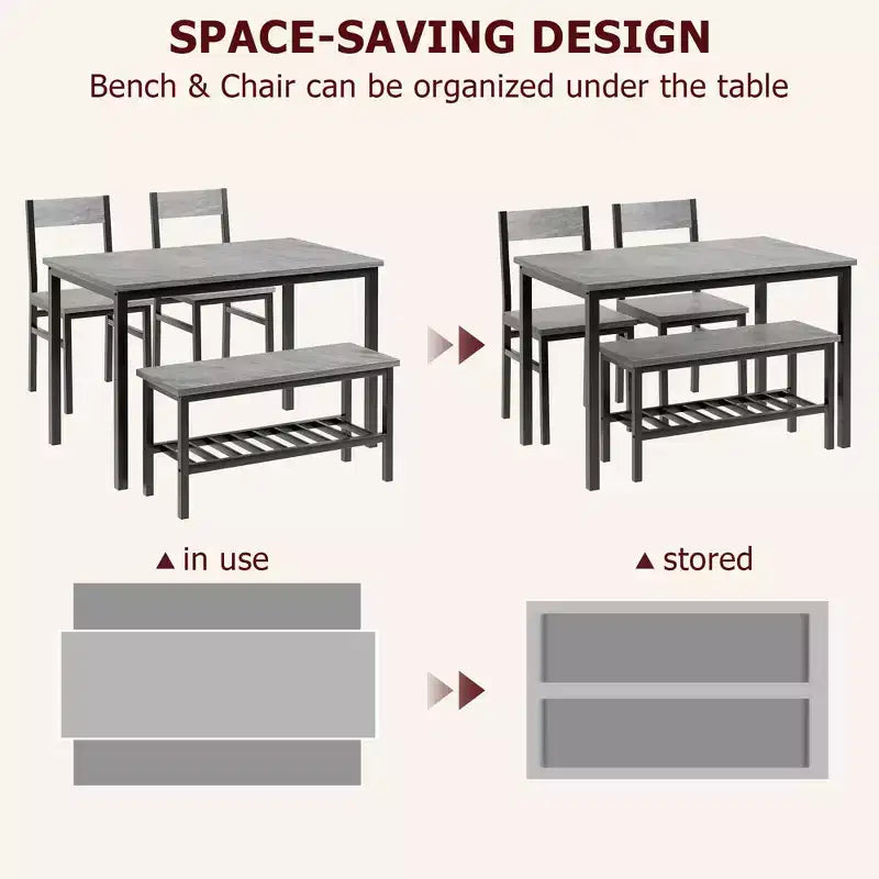 Juego de mesa de comedor para 4 personas, mesa de cocina moderna con sillas y banco para espacios pequeños, juego de mesa de comedor con estructura de metal y estante de almacenamiento, para apartamento