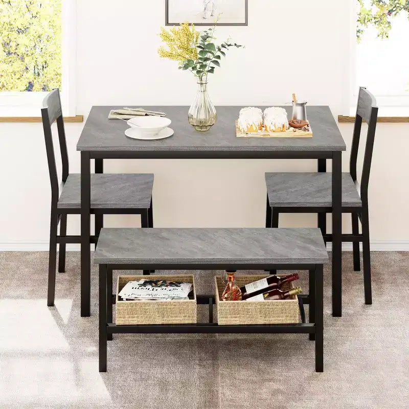 Juego de mesa de comedor para 4 personas, mesa de cocina moderna con sillas y banco para espacios pequeños, juego de mesa de comedor con estructura de metal y estante de almacenamiento, para apartamento