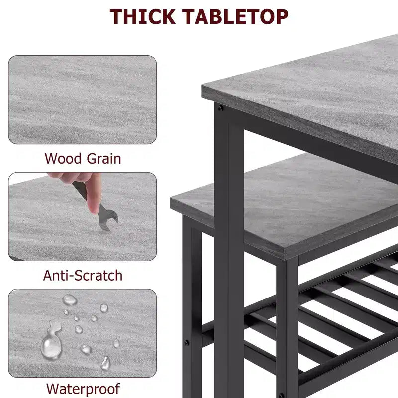 Juego de mesa de comedor para 4 personas, mesa de cocina moderna con sillas y banco para espacios pequeños, juego de mesa de comedor con estructura de metal y estante de almacenamiento, para apartamento
